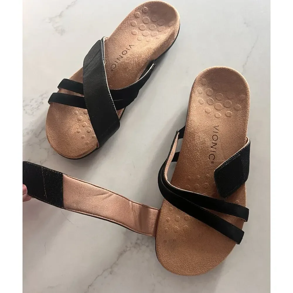 Vionic Zarie Sz 9 Adjustable Orthotic Adjustable Sandal In Black Leather EUC